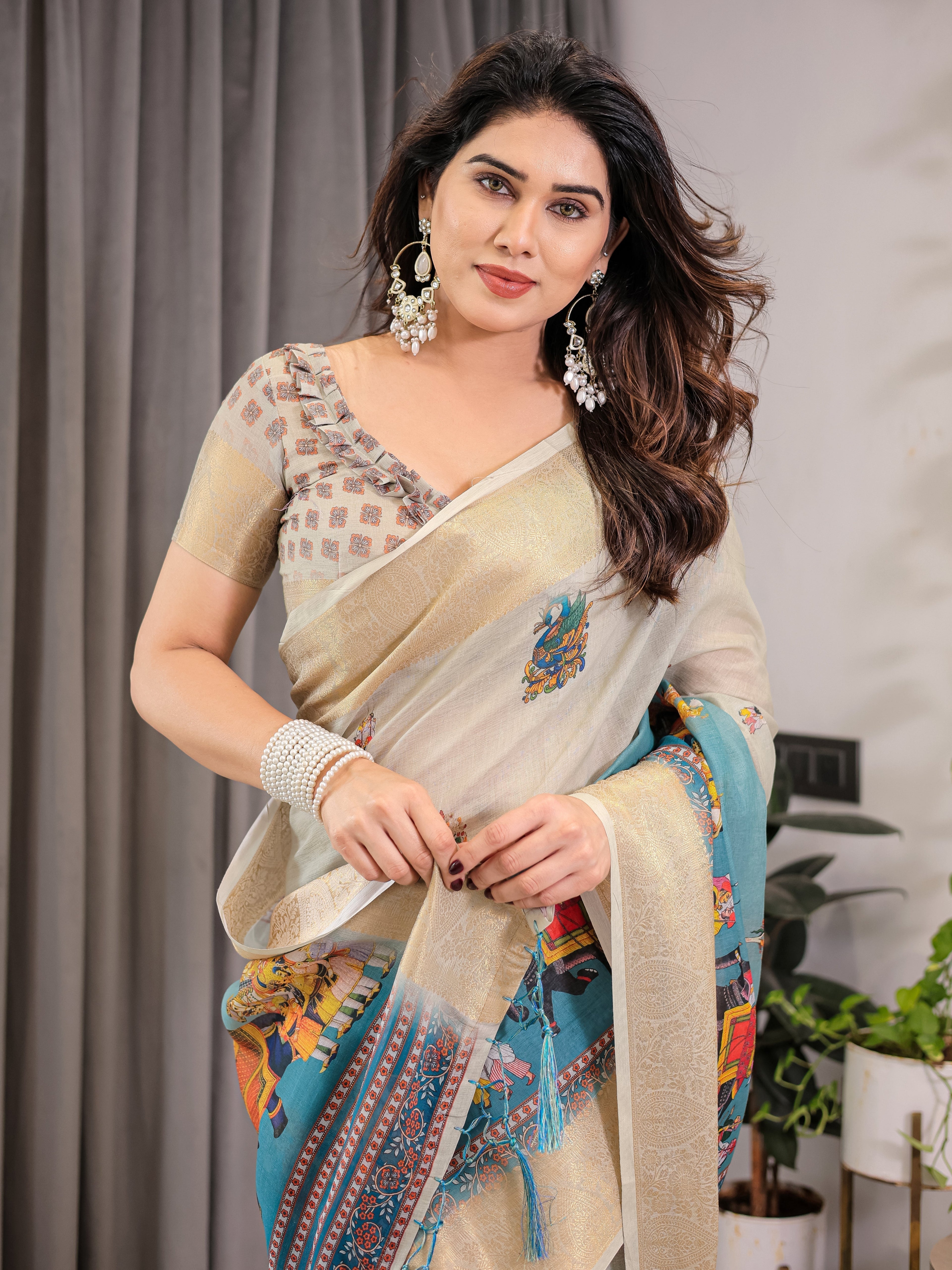 Cream & Teal Cotton Linen Saree with Zari Border & Royal Procession Digital Print | With Blouse Piece