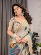 Cream & Teal Cotton Linen Saree with Zari Border & Royal Procession Digital Print | With Blouse Piece