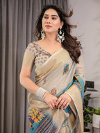 Cream & Teal Cotton Linen Saree with Zari Border & Royal Procession Digital Print | With Blouse Piece
