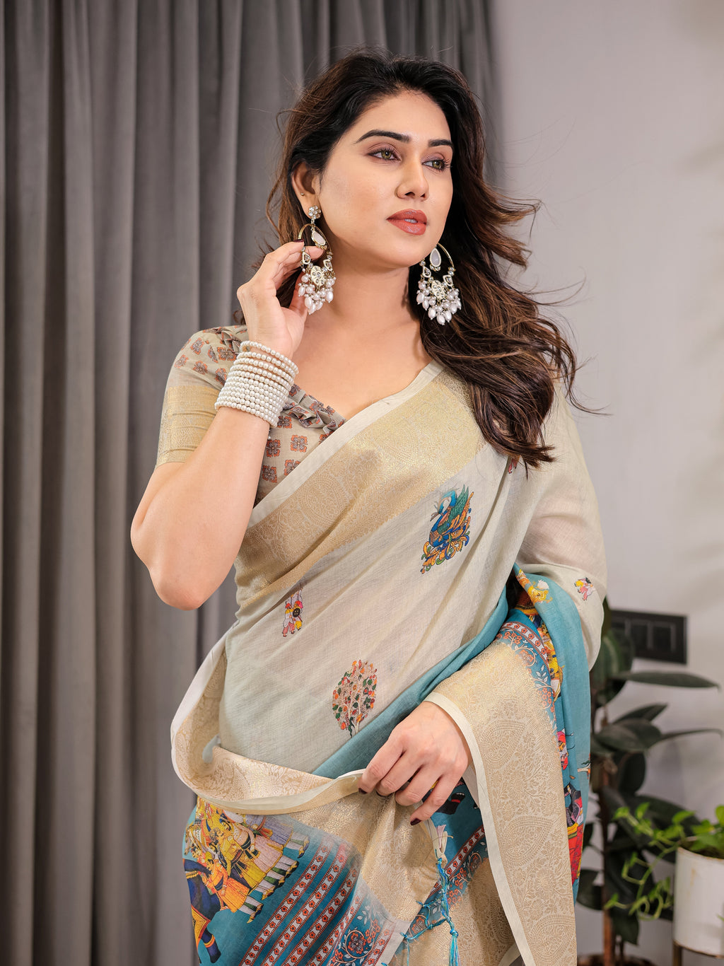 Cream & Teal Cotton Linen Saree with Zari Border & Royal Procession Digital Print | With Blouse Piece
