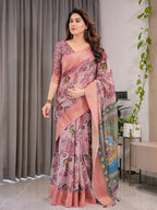 Dusty Rose Cotton Linen Saree with Floral Motifs & Radha Krishna Digital Pallu | Zari Border | With Blouse