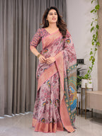 Dusty Rose Cotton Linen Saree with Floral Motifs & Radha Krishna Digital Pallu | Zari Border | With Blouse