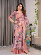 Dusty Rose Cotton Linen Saree with Floral Motifs & Radha Krishna Digital Pallu | Zari Border | With Blouse