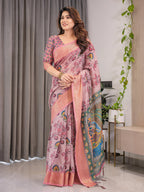 Dusty Rose Cotton Linen Saree with Floral Motifs & Radha Krishna Digital Pallu | Zari Border | With Blouse