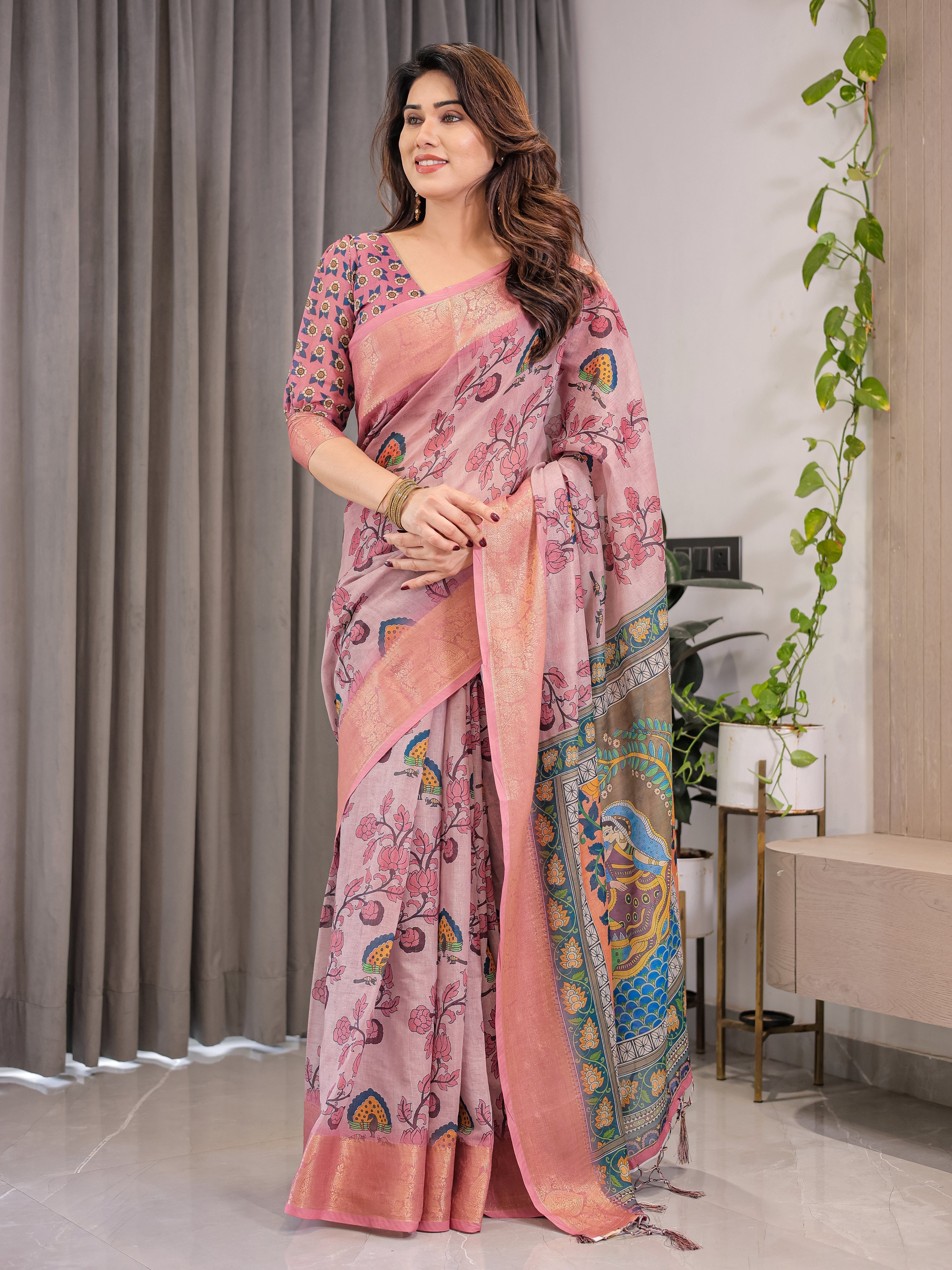 Dusty Rose Cotton Linen Saree with Floral Motifs & Radha Krishna Digital Pallu | Zari Border | With Blouse