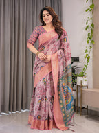 Dusty Rose Cotton Linen Saree with Floral Motifs & Radha Krishna Digital Pallu | Zari Border | With Blouse