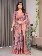 Dusty Rose Cotton Linen Saree with Floral Motifs & Radha Krishna Digital Pallu | Zari Border | With Blouse
