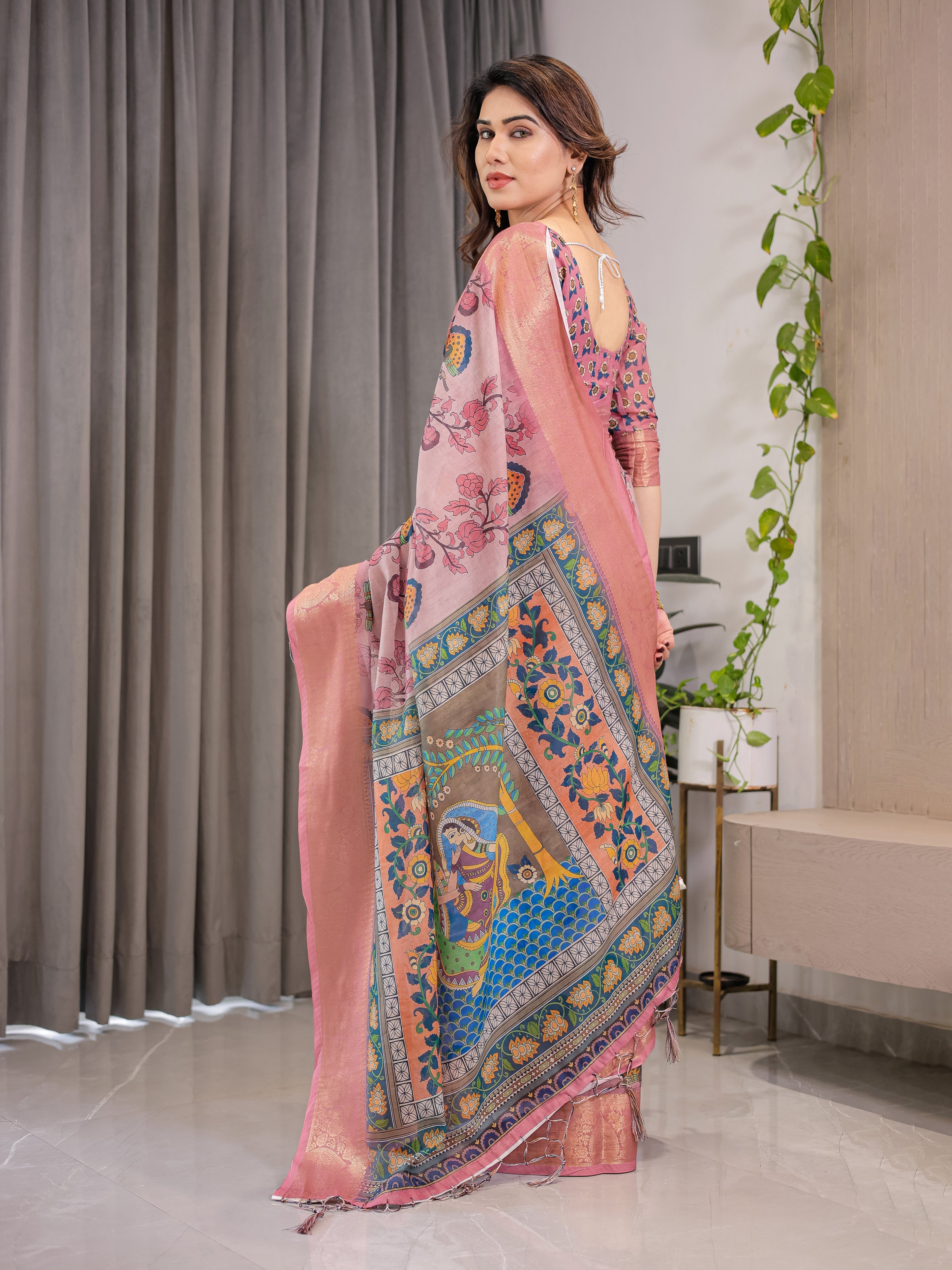 Dusty Rose Cotton Linen Saree with Floral Motifs & Radha Krishna Digital Pallu | Zari Border | With Blouse