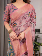 Dusty Rose Cotton Linen Saree with Floral Motifs & Radha Krishna Digital Pallu | Zari Border | With Blouse