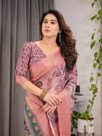 Dusty Rose Cotton Linen Saree with Floral Motifs & Radha Krishna Digital Pallu | Zari Border | With Blouse