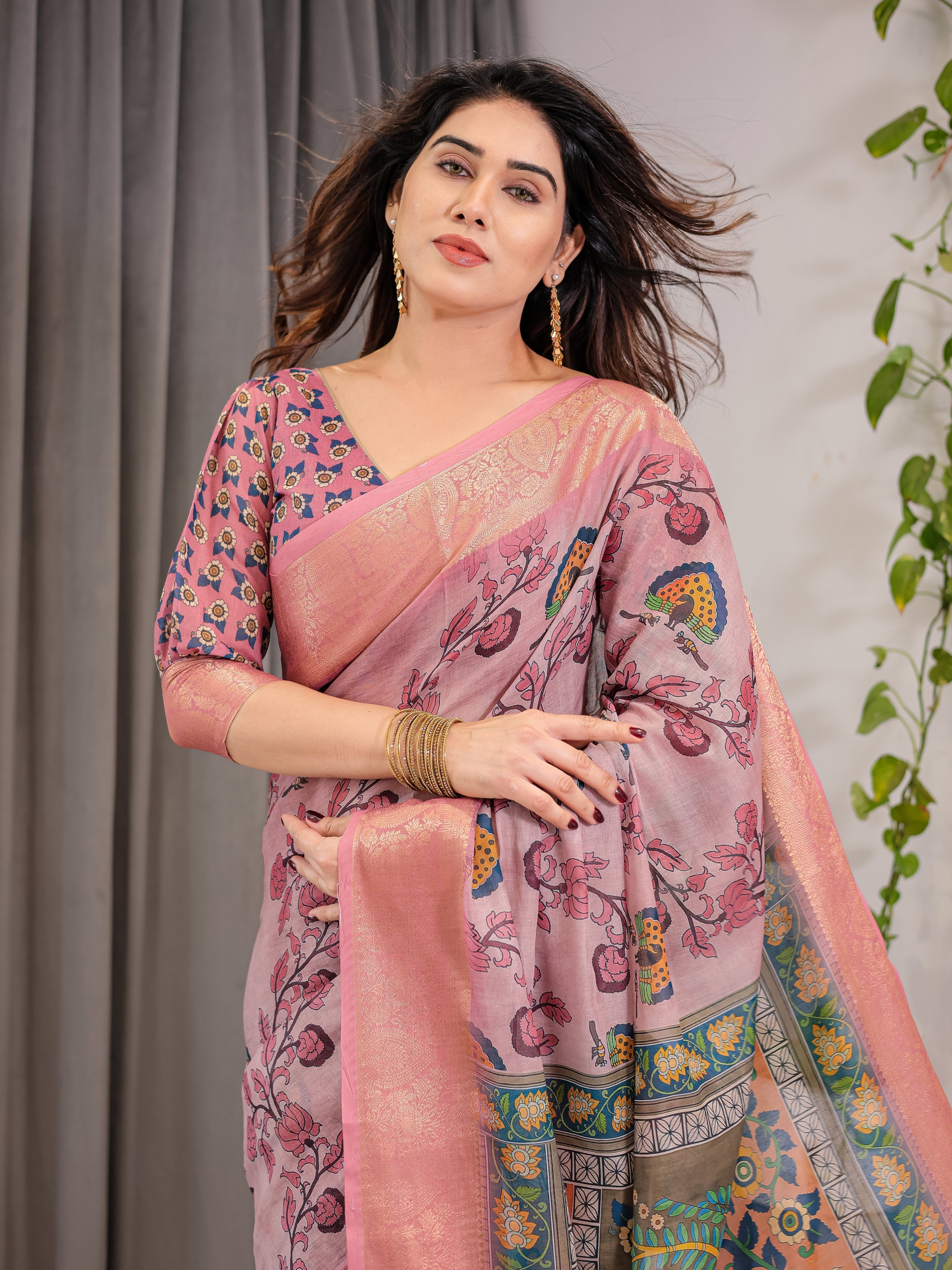Dusty Rose Cotton Linen Saree with Floral Motifs & Radha Krishna Digital Pallu | Zari Border | With Blouse
