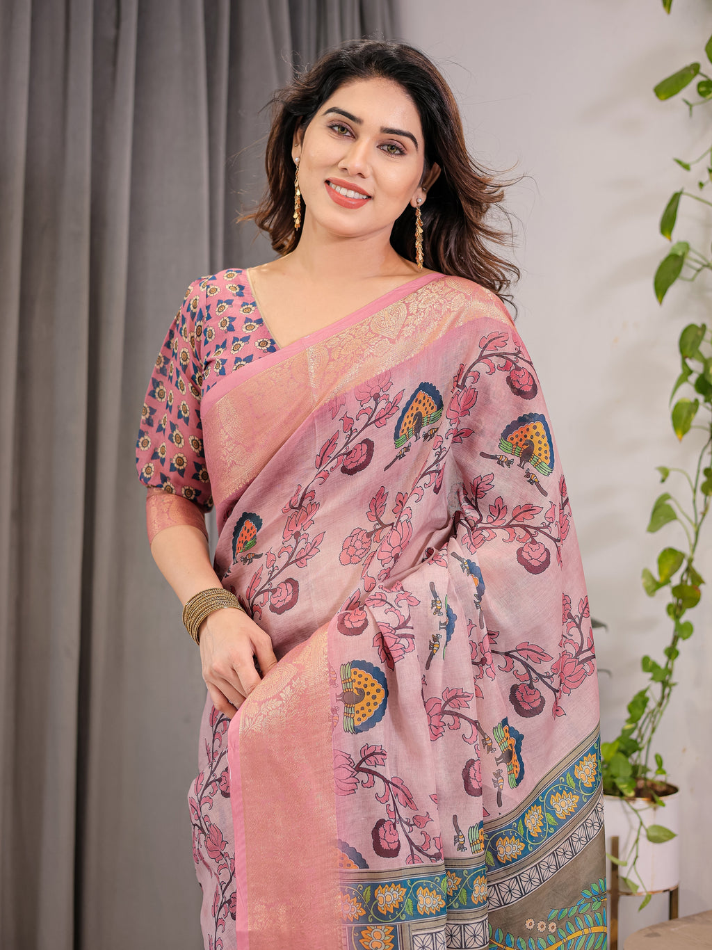 Dusty Rose Cotton Linen Saree with Floral Motifs & Radha Krishna Digital Pallu | Zari Border | With Blouse