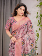 Dusty Rose Cotton Linen Saree with Floral Motifs & Radha Krishna Digital Pallu | Zari Border | With Blouse