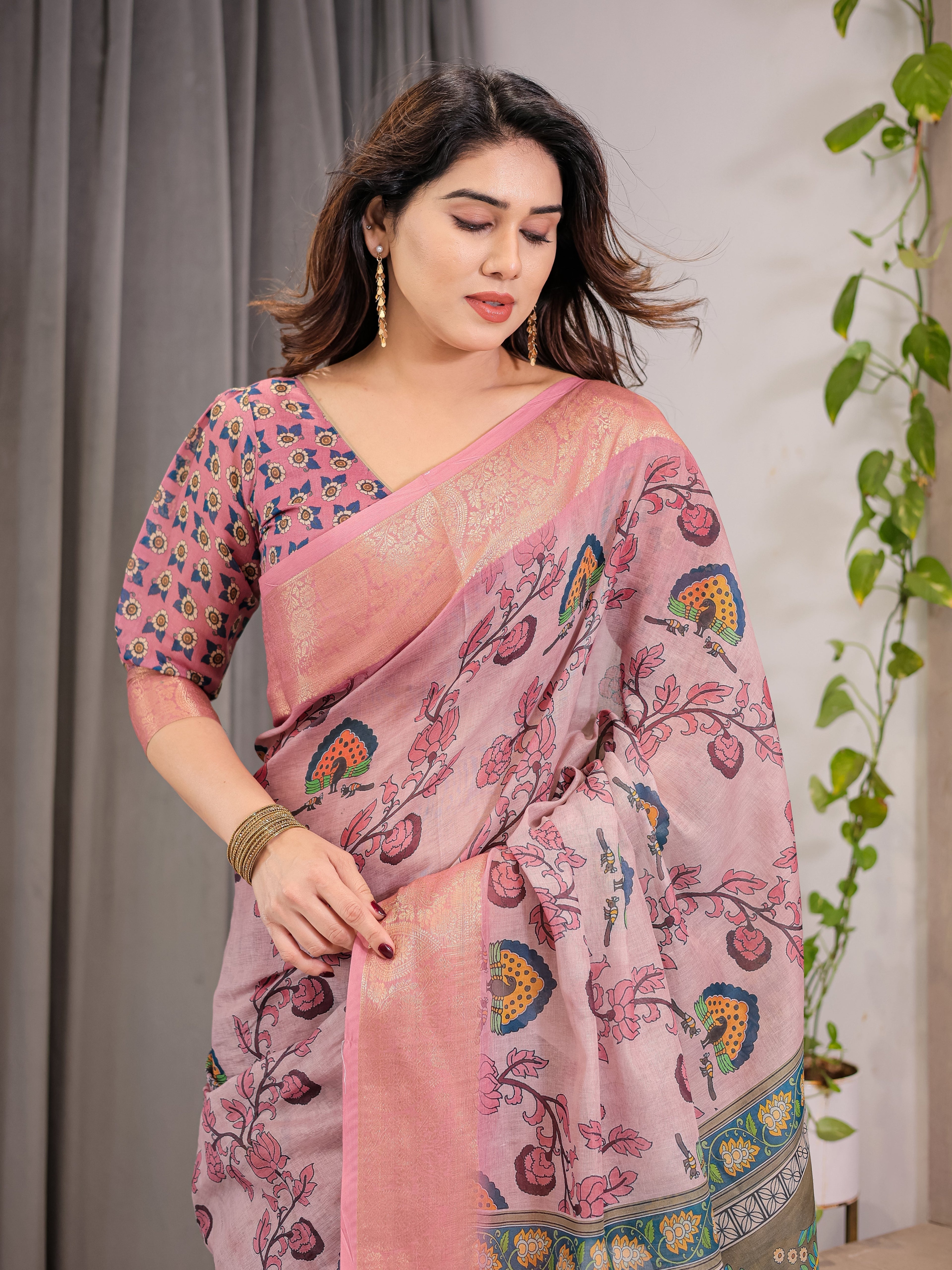 Dusty Rose Cotton Linen Saree with Floral Motifs & Radha Krishna Digital Pallu | Zari Border | With Blouse