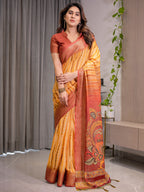 Yellow & Rust Cotton Linen Saree with Zari Border & Majestic Peacock Digital Pallu | With Blouse Piece
