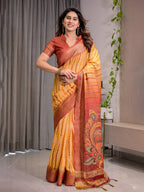 Yellow & Rust Cotton Linen Saree with Zari Border & Majestic Peacock Digital Pallu | With Blouse Piece