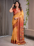 Yellow & Rust Cotton Linen Saree with Zari Border & Majestic Peacock Digital Pallu | With Blouse Piece