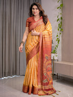 Yellow & Rust Cotton Linen Saree with Zari Border & Majestic Peacock Digital Pallu | With Blouse Piece