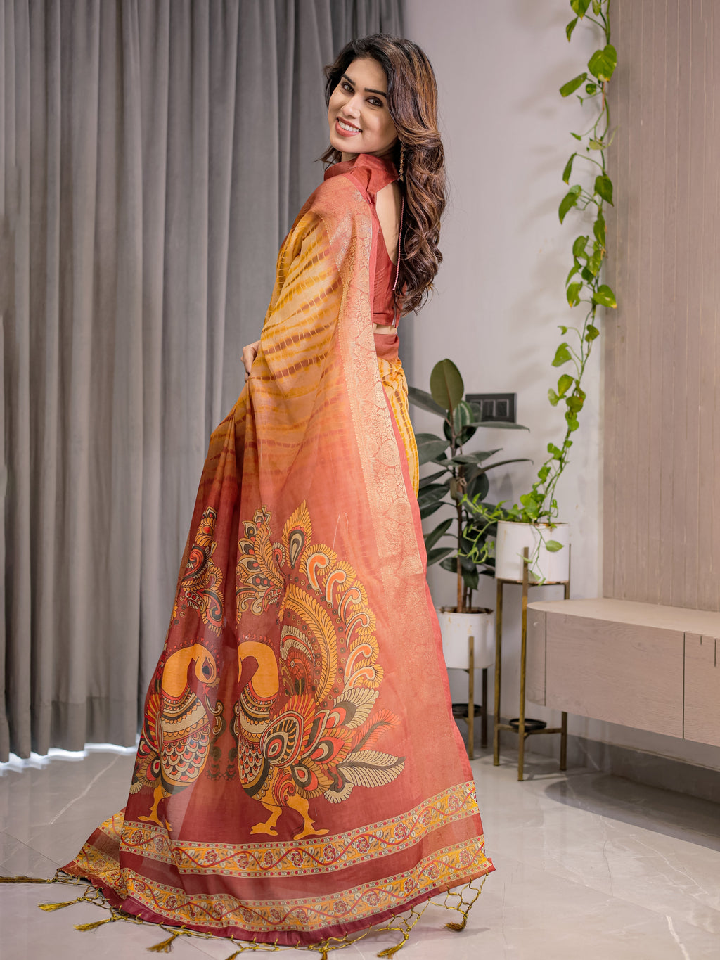 Yellow & Rust Cotton Linen Saree with Zari Border & Majestic Peacock Digital Pallu | With Blouse Piece