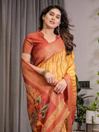 Yellow & Rust Cotton Linen Saree with Zari Border & Majestic Peacock Digital Pallu | With Blouse Piece