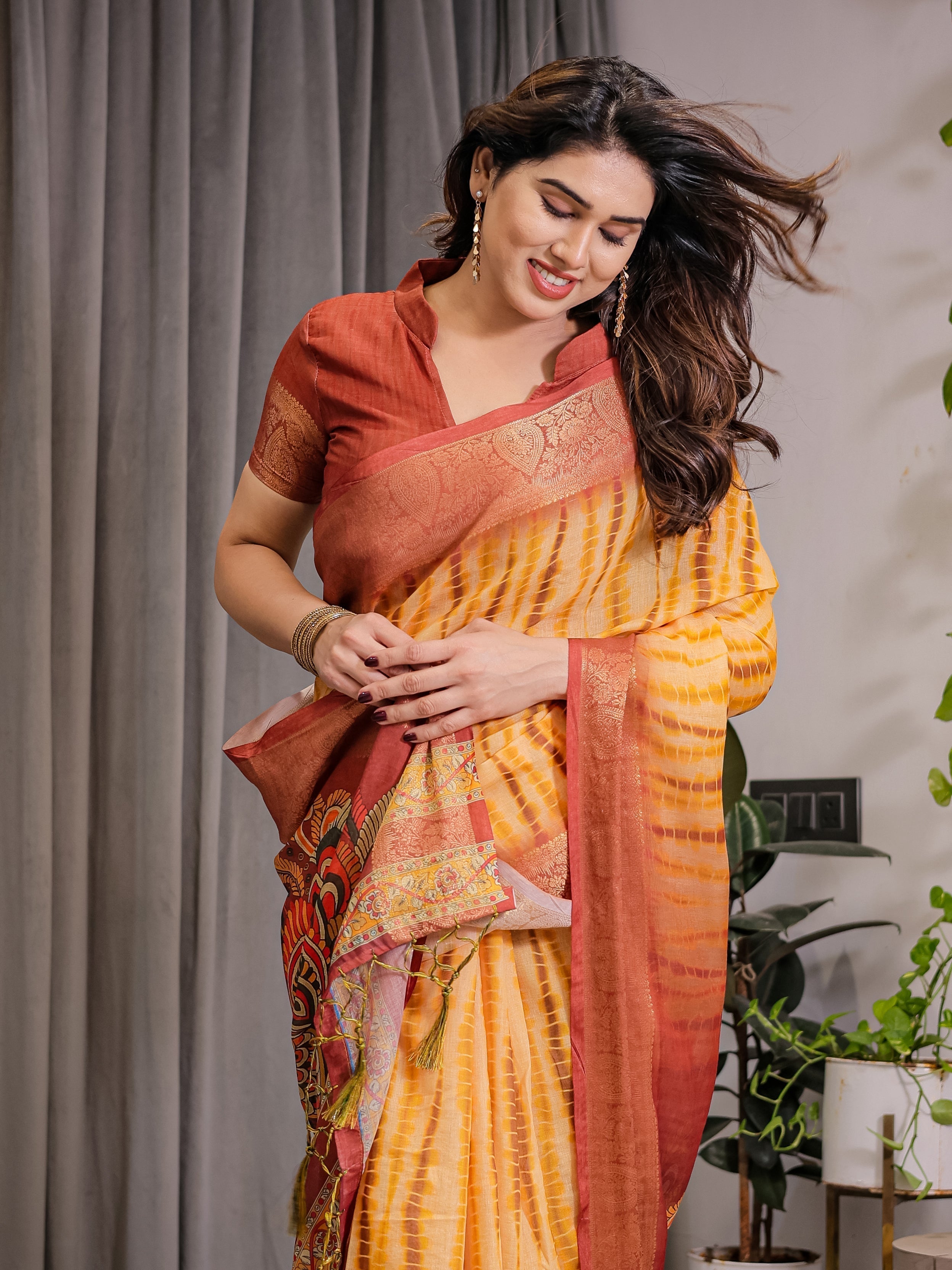 Yellow & Rust Cotton Linen Saree with Zari Border & Majestic Peacock Digital Pallu | With Blouse Piece