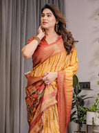 Yellow & Rust Cotton Linen Saree with Zari Border & Majestic Peacock Digital Pallu | With Blouse Piece