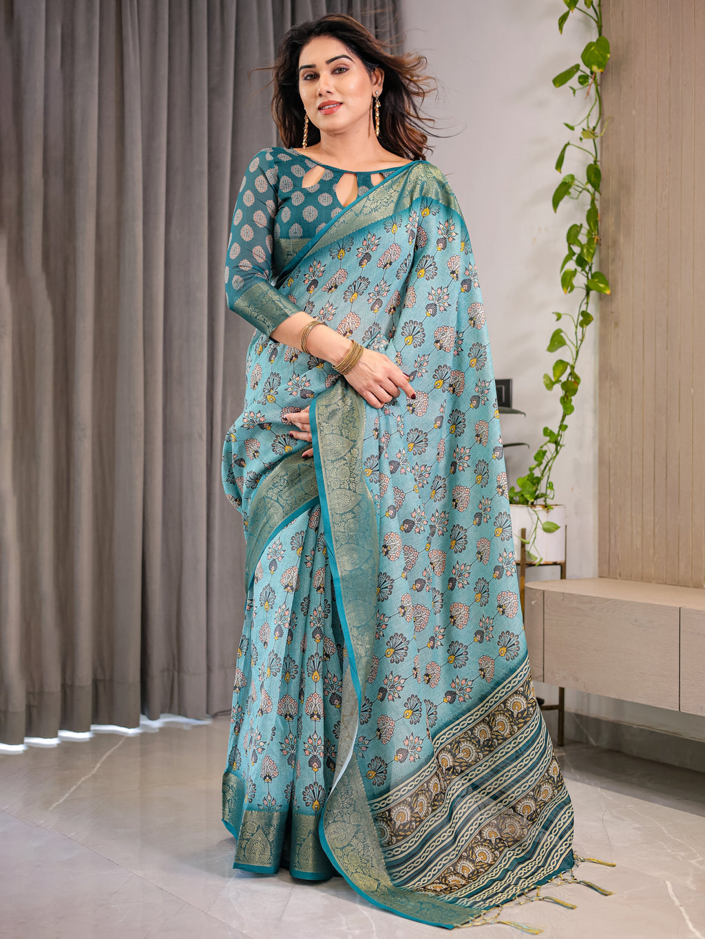 Turquoise Blue Cotton Linen Saree with Peacock Motifs & Zari Border | Floral Pallu | With Blouse