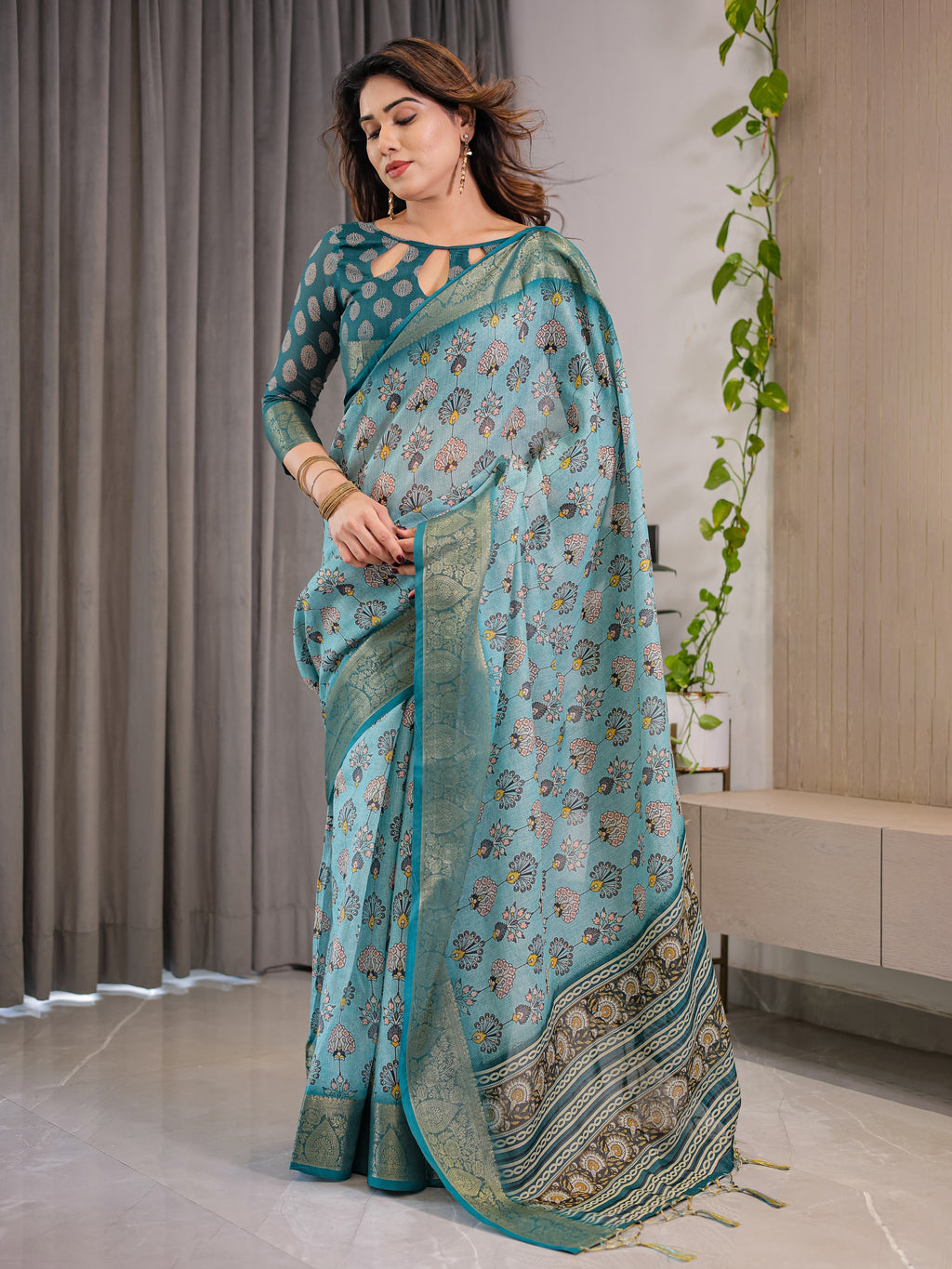 Turquoise Blue Cotton Linen Saree with Peacock Motifs & Zari Border | Floral Pallu | With Blouse