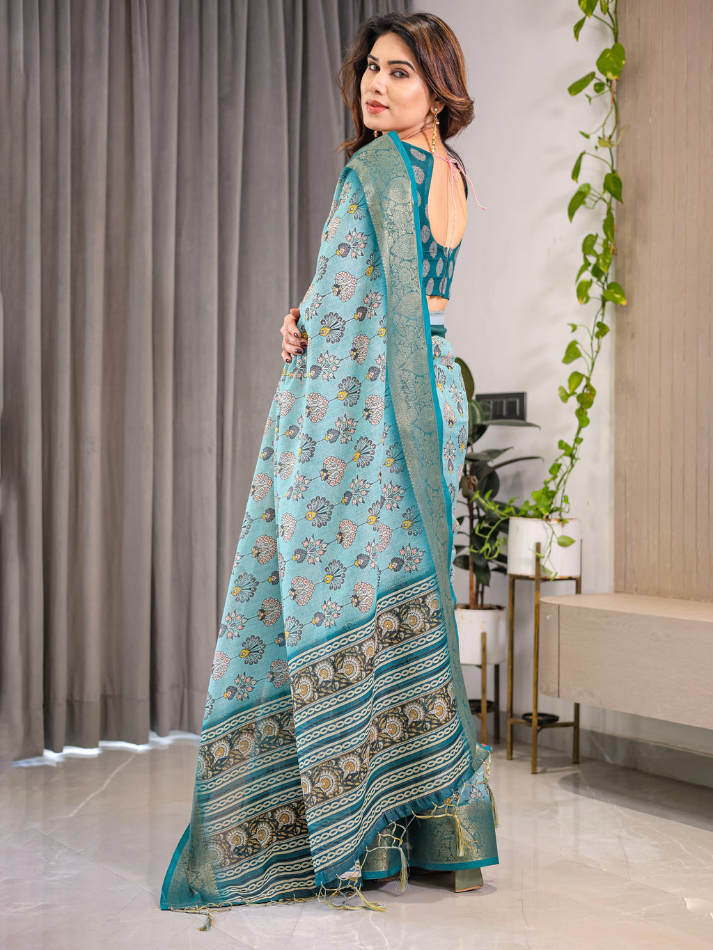 Turquoise Blue Cotton Linen Saree with Peacock Motifs & Zari Border | Floral Pallu | With Blouse
