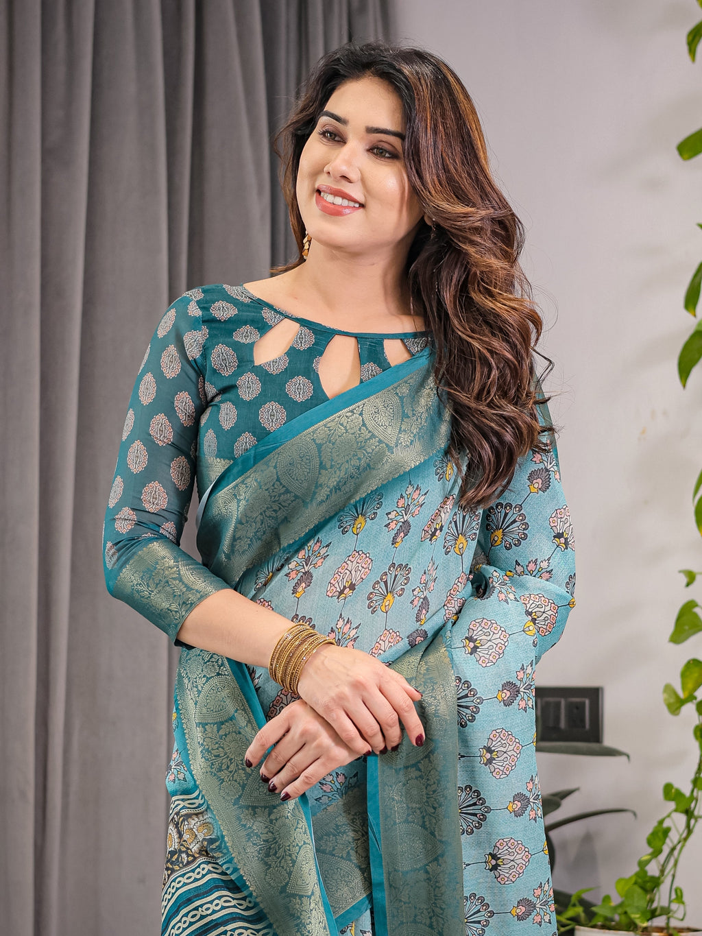 Turquoise Blue Cotton Linen Saree with Peacock Motifs & Zari Border | Floral Pallu | With Blouse