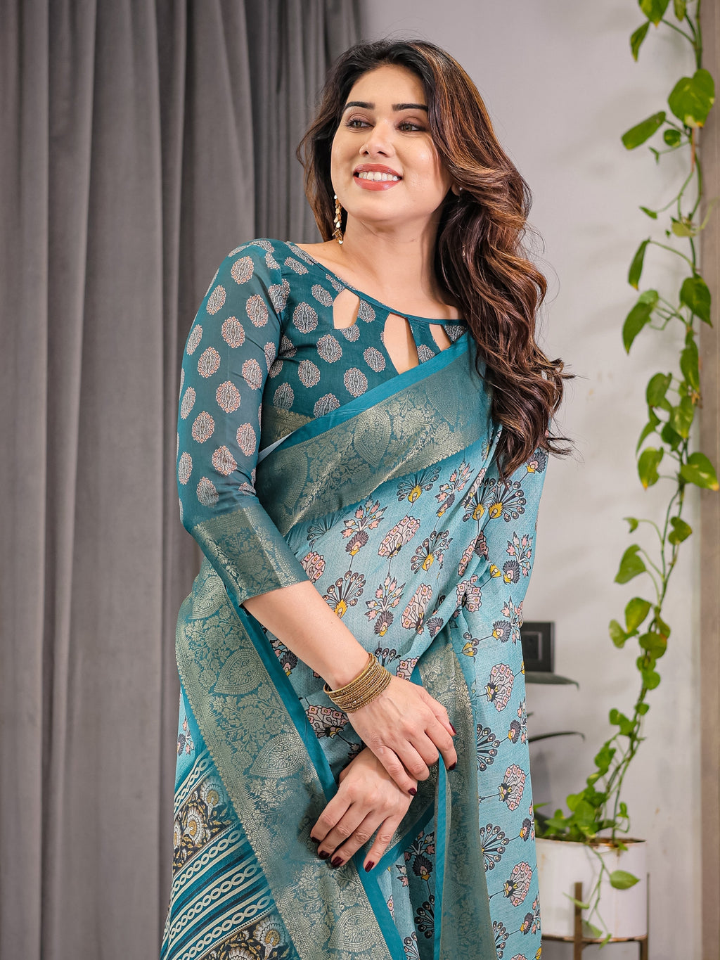 Turquoise Blue Cotton Linen Saree with Peacock Motifs & Zari Border | Floral Pallu | With Blouse
