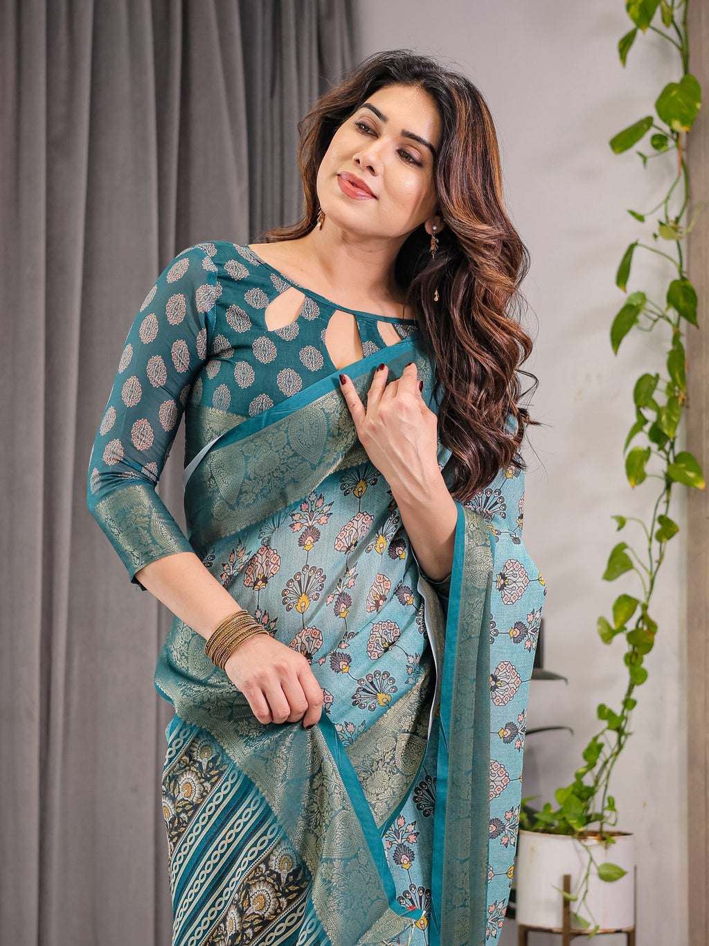 Turquoise Blue Cotton Linen Saree with Peacock Motifs & Zari Border | Floral Pallu | With Blouse