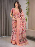 Peach Pink Cotton Linen Saree with Zari Border & Tribal Pallu | Floral Print | With Blouse