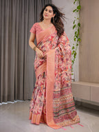 Peach Pink Cotton Linen Saree with Zari Border & Tribal Pallu | Floral Print | With Blouse