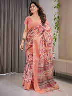 Peach Pink Cotton Linen Saree with Zari Border & Tribal Pallu | Floral Print | With Blouse