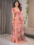 Peach Pink Cotton Linen Saree with Zari Border & Tribal Pallu | Floral Print | With Blouse