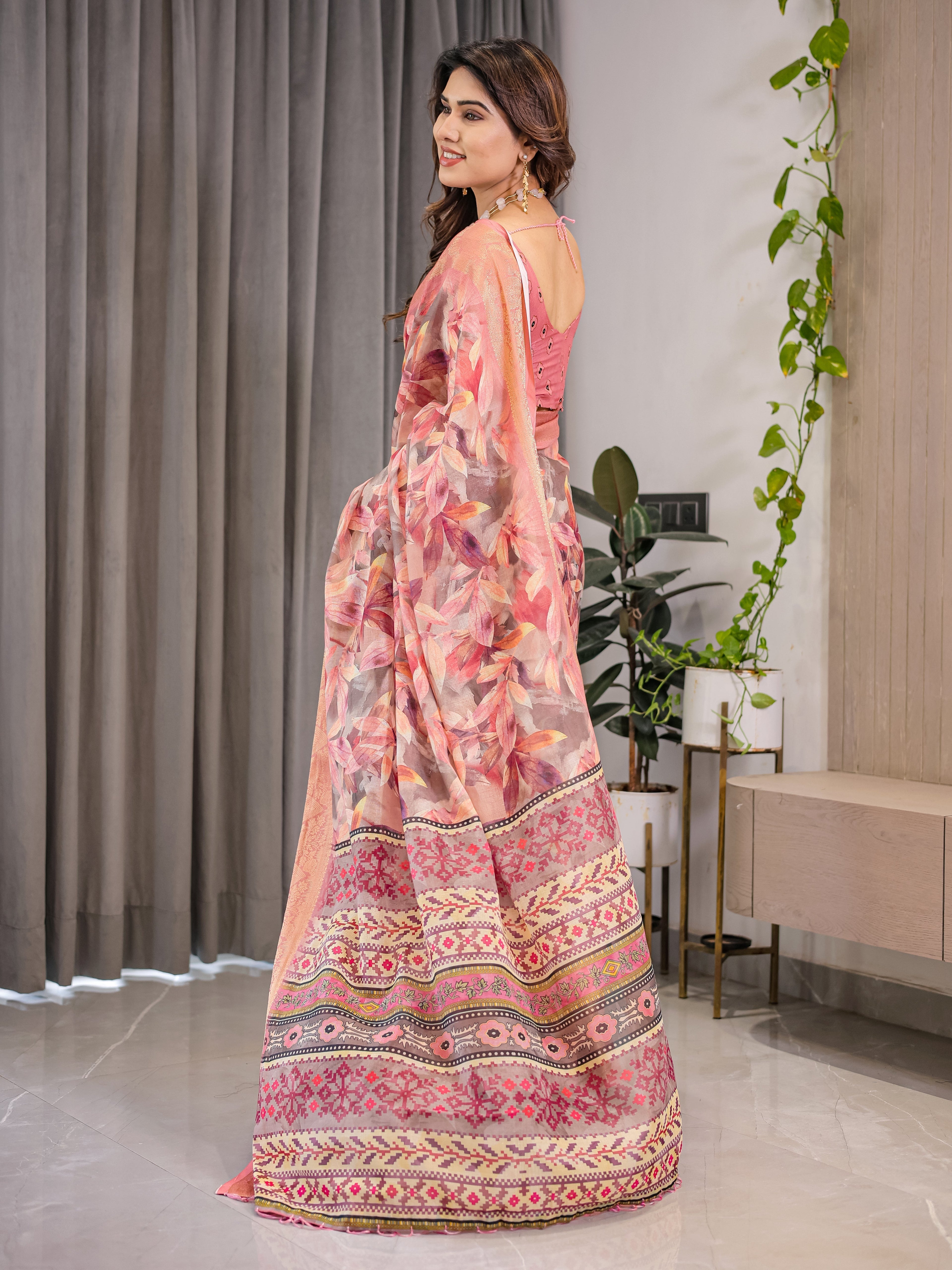 Peach Pink Cotton Linen Saree with Zari Border & Tribal Pallu | Floral Print | With Blouse