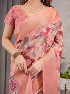 Peach Pink Cotton Linen Saree with Zari Border & Tribal Pallu | Floral Print | With Blouse