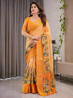 Vibrant Orange Cotton Linen Saree with Traditional Dance Motif Pallu & Zari Border | With Blouse