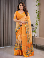 Vibrant Orange Cotton Linen Saree with Traditional Dance Motif Pallu & Zari Border | With Blouse