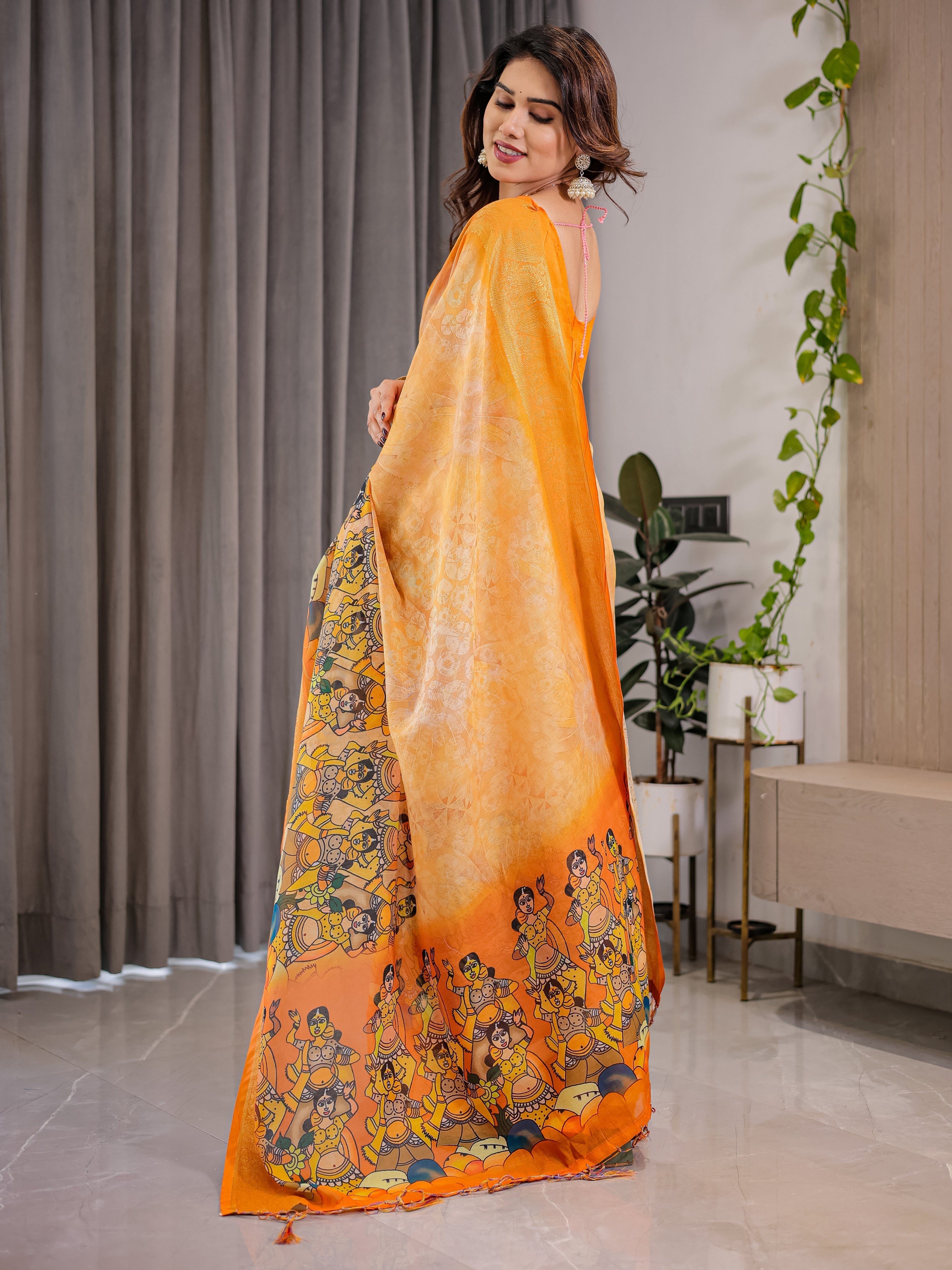 Vibrant Orange Cotton Linen Saree with Traditional Dance Motif Pallu & Zari Border | With Blouse