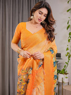 Vibrant Orange Cotton Linen Saree with Traditional Dance Motif Pallu & Zari Border | With Blouse