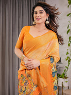 Vibrant Orange Cotton Linen Saree with Traditional Dance Motif Pallu & Zari Border | With Blouse