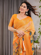 Vibrant Orange Cotton Linen Saree with Traditional Dance Motif Pallu & Zari Border | With Blouse