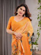 Vibrant Orange Cotton Linen Saree with Traditional Dance Motif Pallu & Zari Border | With Blouse