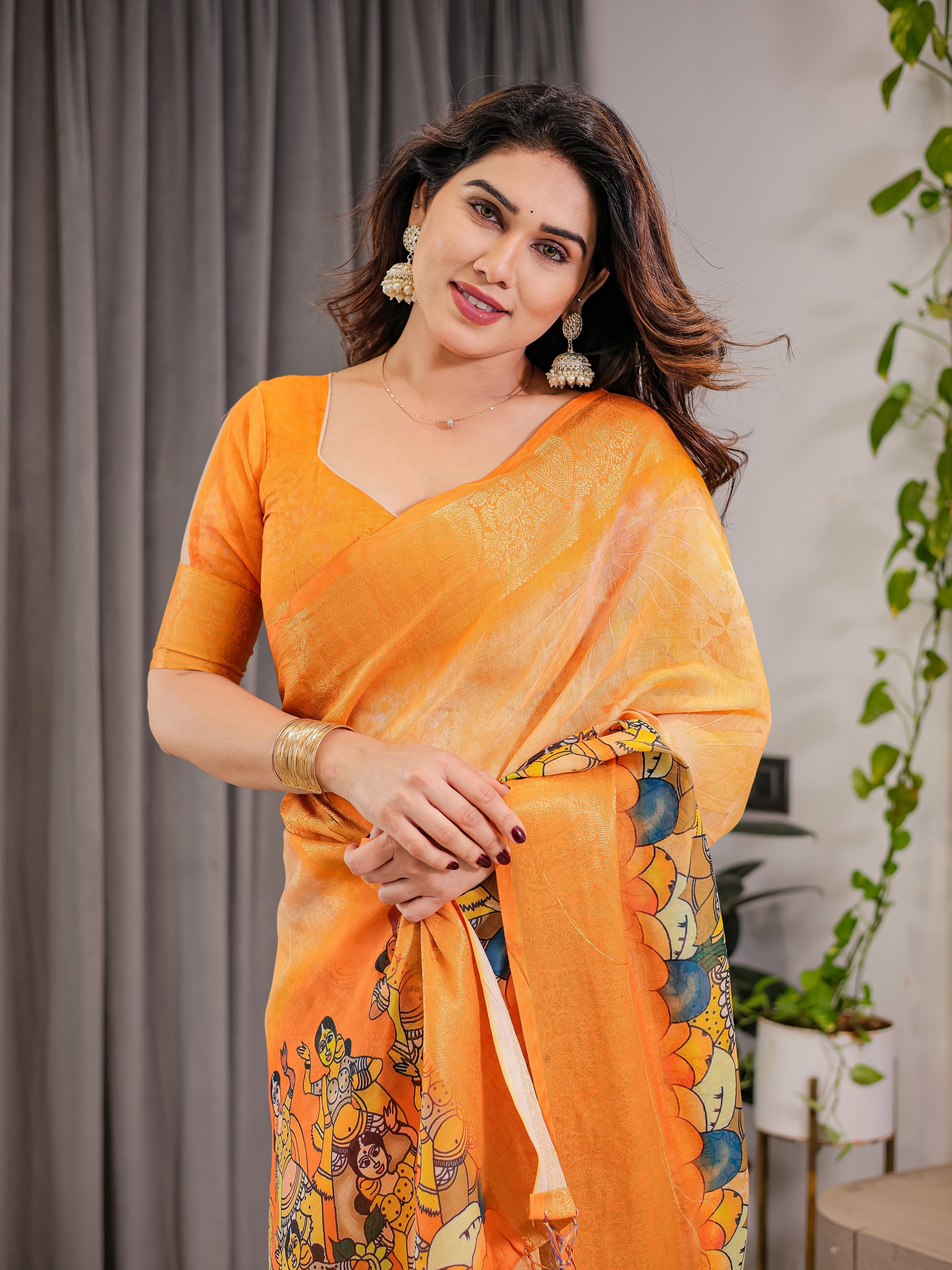 Vibrant Orange Cotton Linen Saree with Traditional Dance Motif Pallu & Zari Border | With Blouse