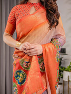 Vibrant Orange Cotton Linen Saree with Tribal Art Pallu & Zari Border | Festival Print | With Blouse