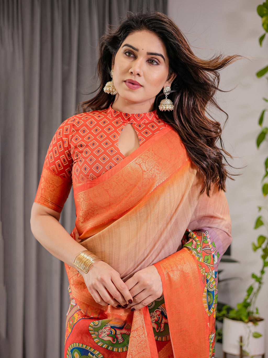 Vibrant Orange Cotton Linen Saree with Tribal Art Pallu & Zari Border | Festival Print | With Blouse