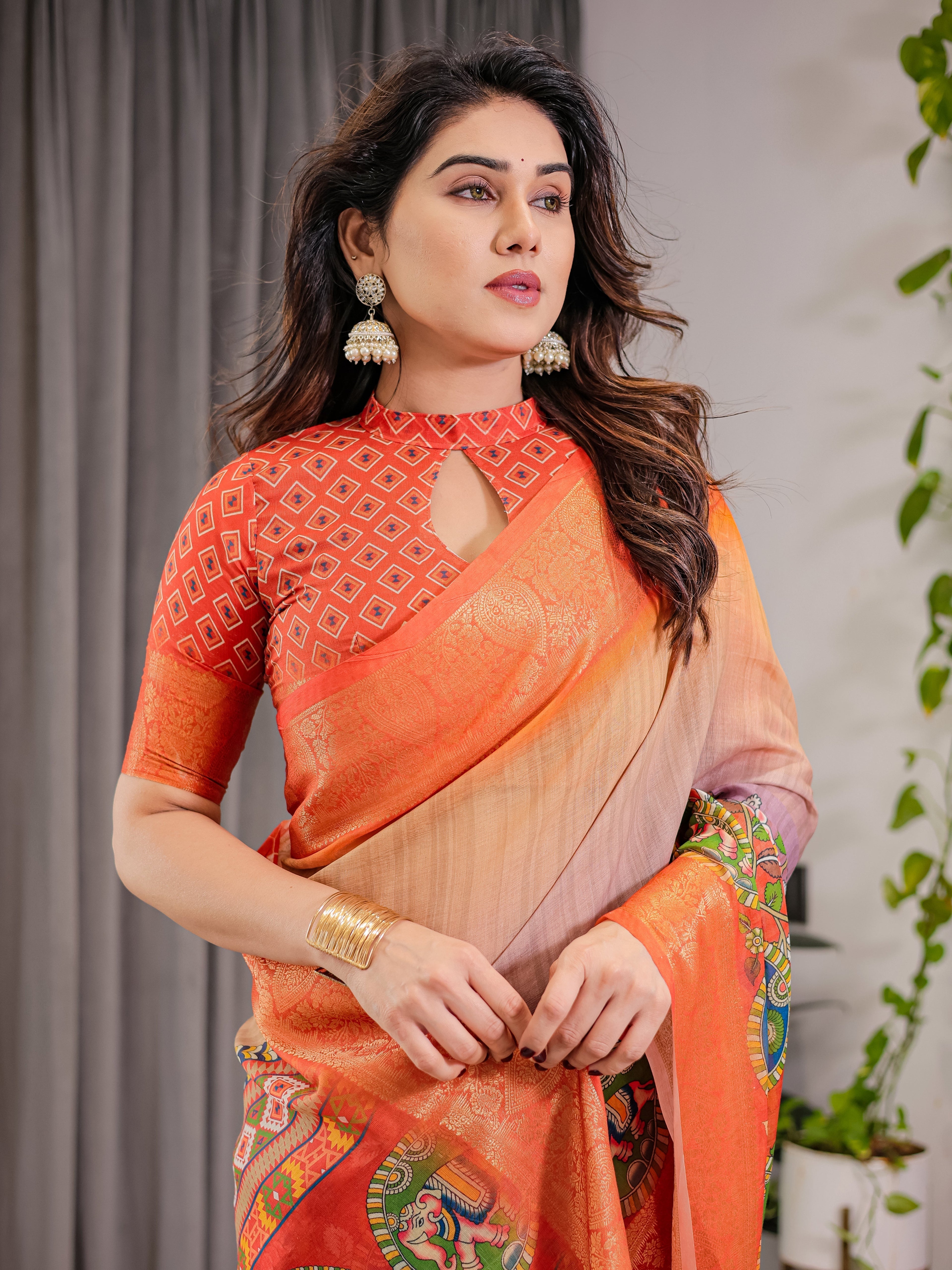 Vibrant Orange Cotton Linen Saree with Tribal Art Pallu & Zari Border | Festival Print | With Blouse