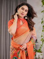 Vibrant Orange Cotton Linen Saree with Tribal Art Pallu & Zari Border | Festival Print | With Blouse